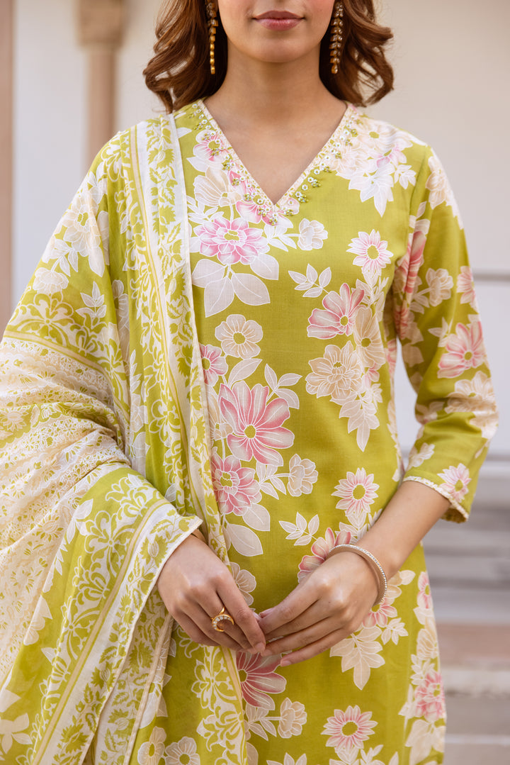 Nehamta Women's Mustard Cotton Kurta with Pant & Dupatta