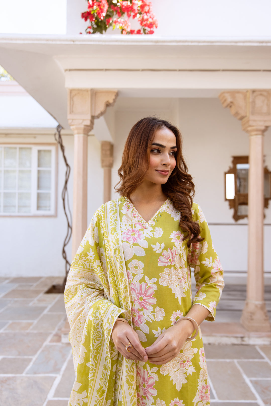 Nehamta Women's Mustard Cotton Kurta with Pant & Dupatta