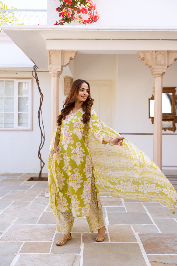 Nehamta Women's Mustard Cotton Kurta with Pant & Dupatta