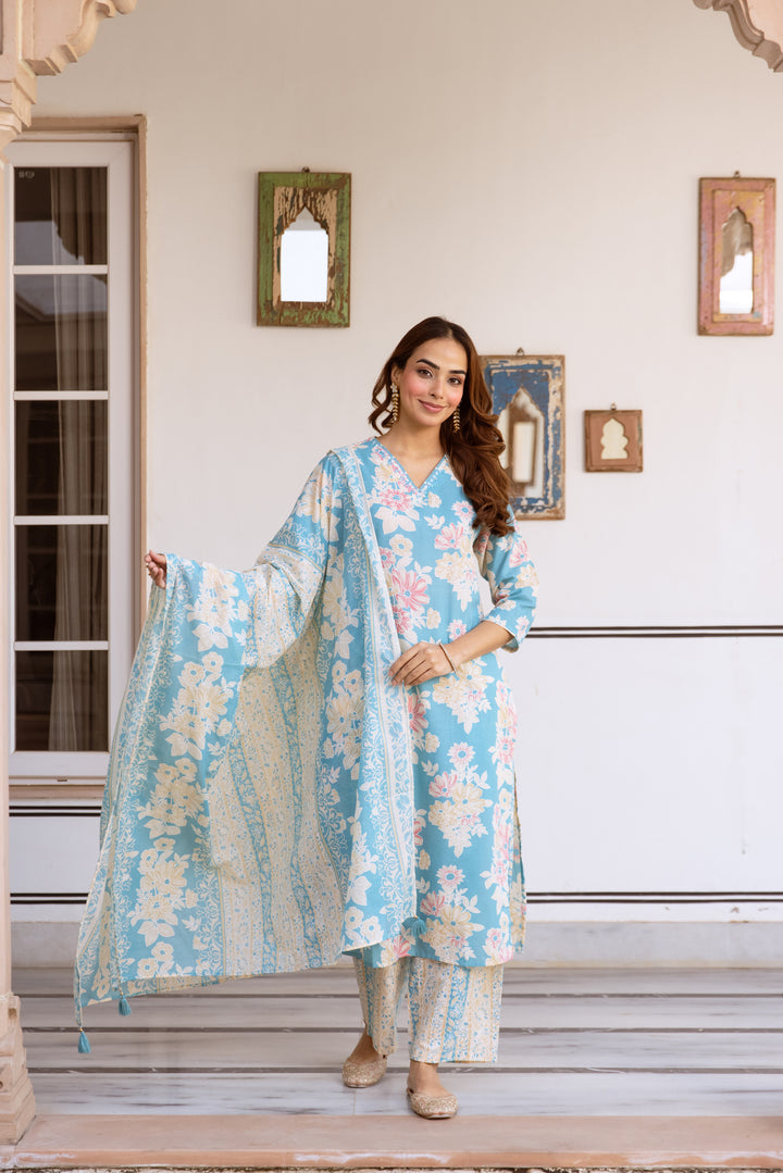 Nehamta Women's Sky Blue Cotton Kurta with Pant & Dupatta