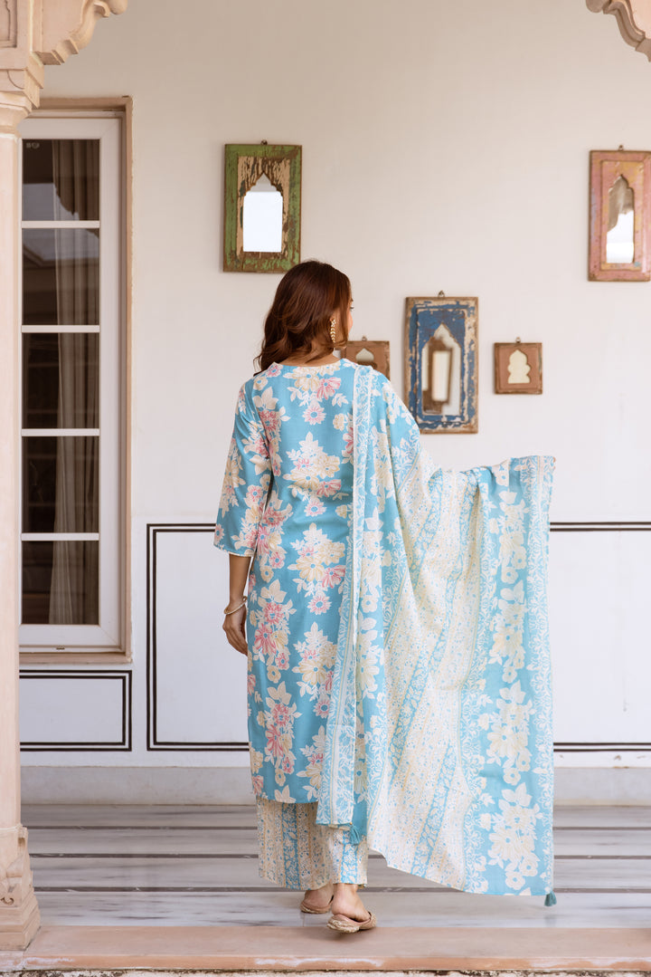 Nehamta Women's Sky Blue Cotton Kurta with Pant & Dupatta