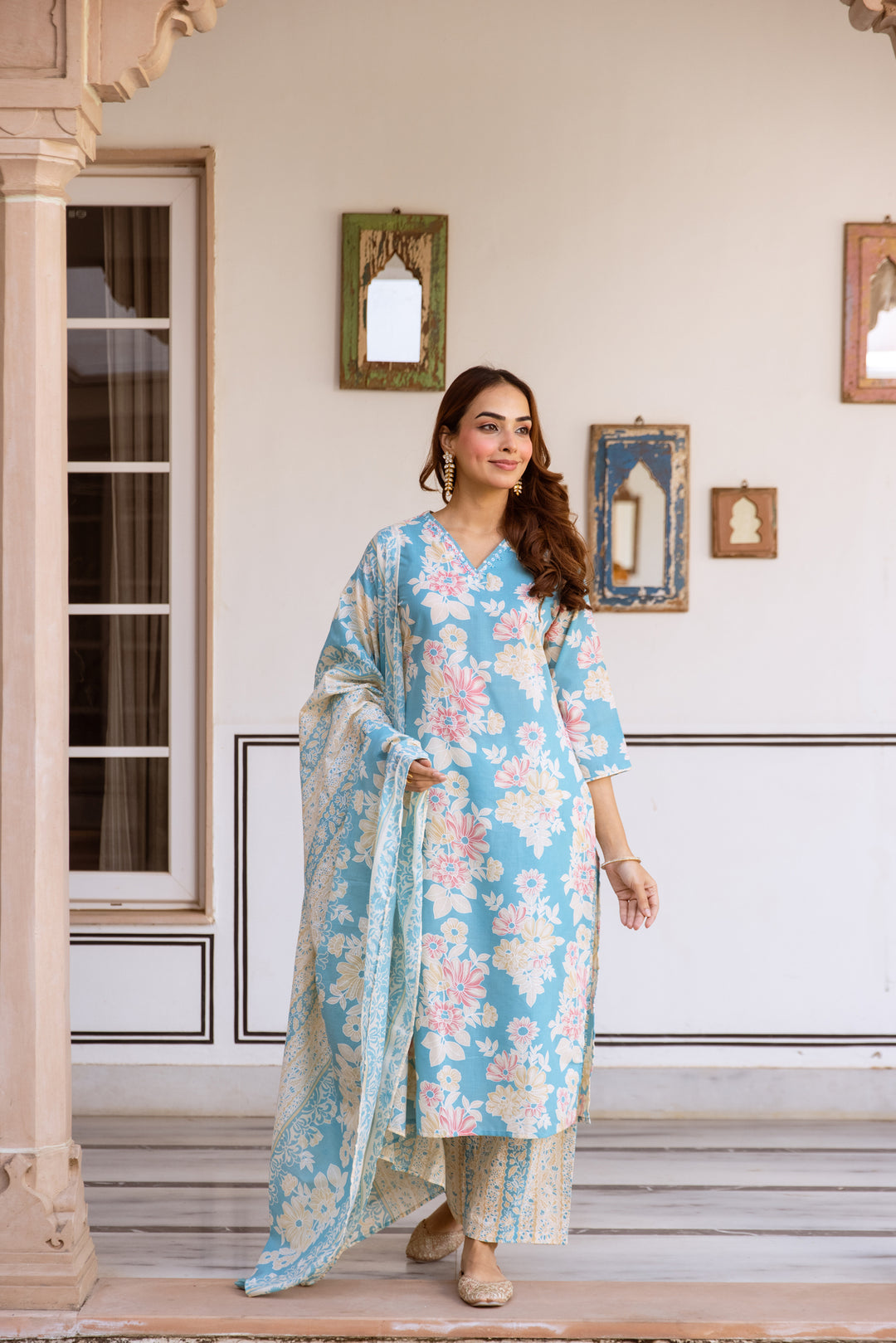 Nehamta Women's Sky Blue Cotton Kurta with Pant & Dupatta