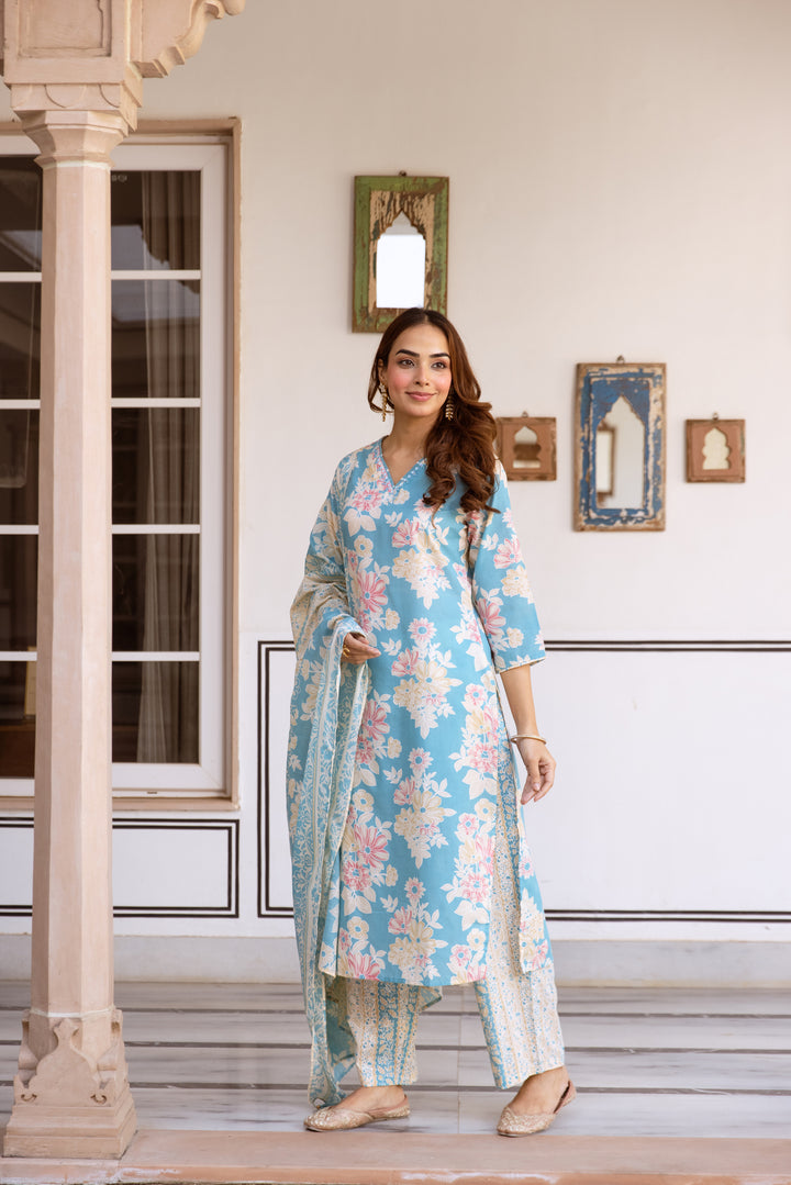 Nehamta Women's Sky Blue Cotton Kurta with Pant & Dupatta