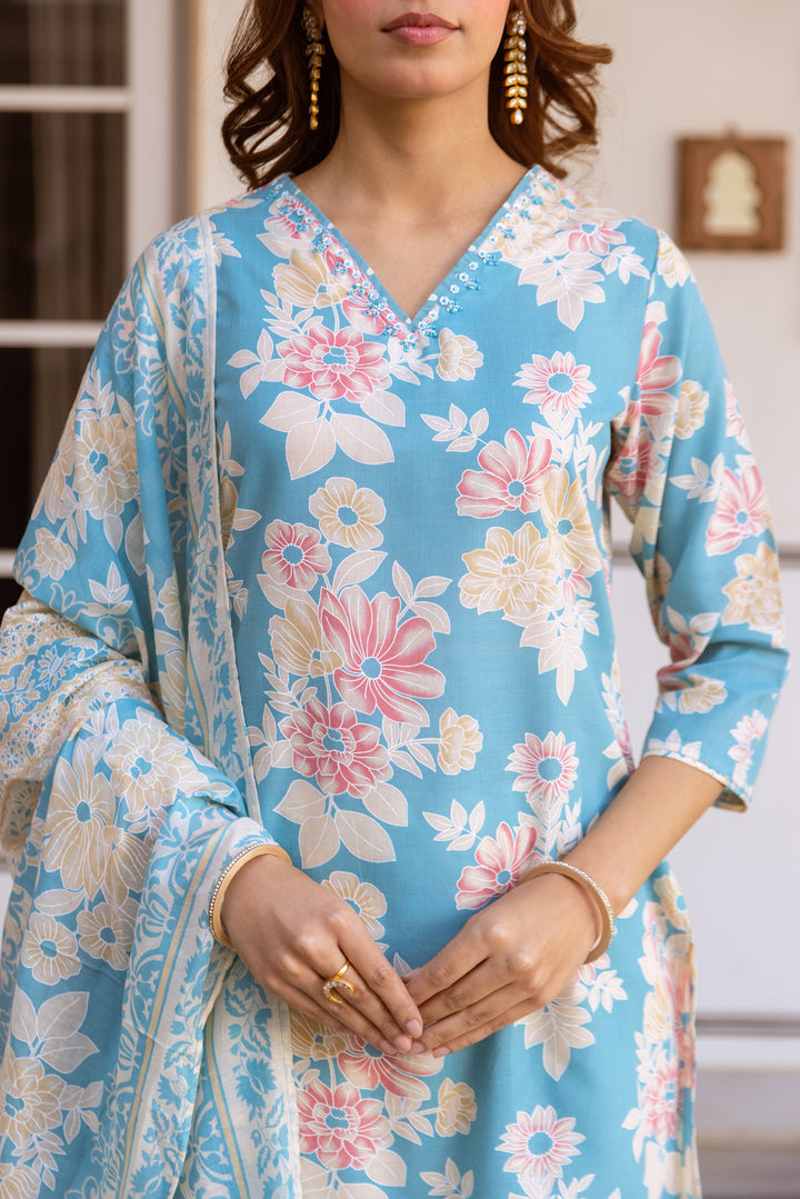 Nehamta Women's Sky Blue Cotton Kurta with Pant & Dupatta