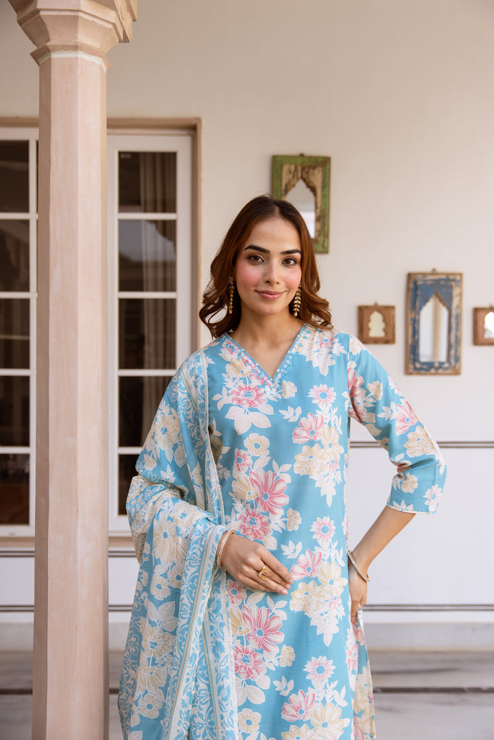 Nehamta Women's Sky Blue Cotton Kurta with Pant & Dupatta