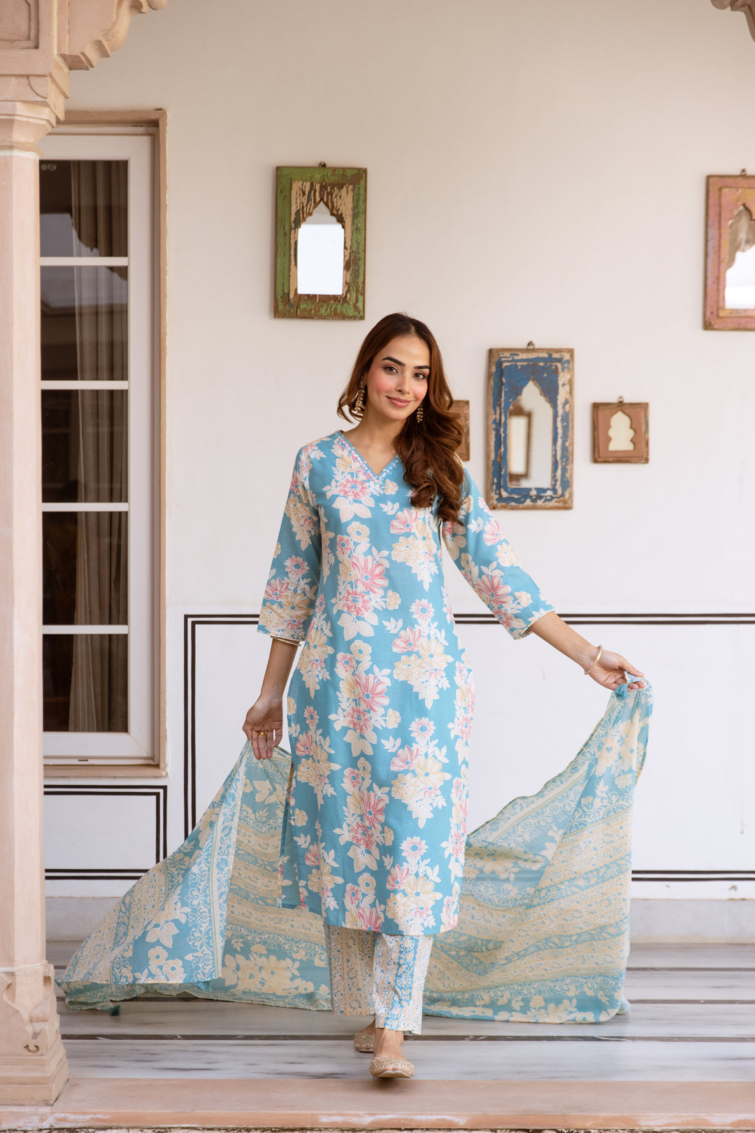 Nehamta Women's Sky Blue Cotton Kurta with Pant & Dupatta