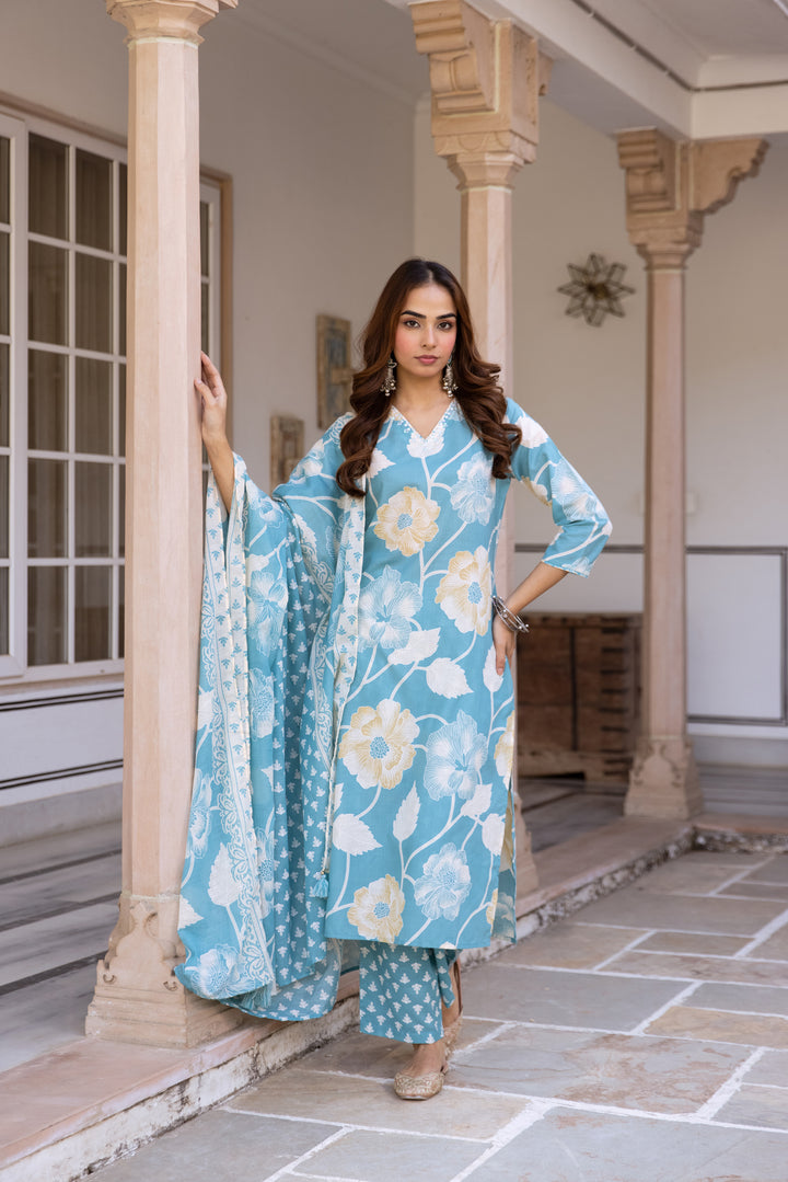 Nehamta Women's Sky Blue Cotton Kurta with Pant & Dupatta