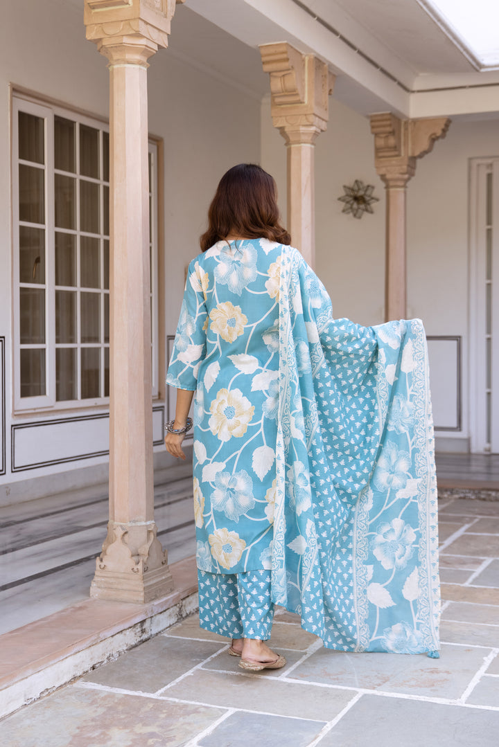 Nehamta Women's Sky Blue Cotton Kurta with Pant & Dupatta