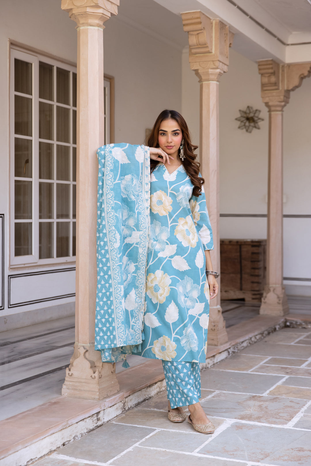 Nehamta Women's Sky Blue Cotton Kurta with Pant & Dupatta