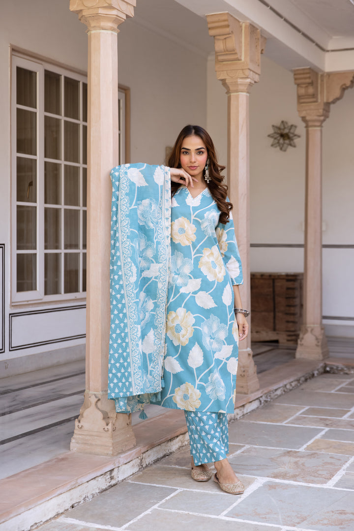 Nehamta Women's Sky Blue Cotton Kurta with Pant & Dupatta