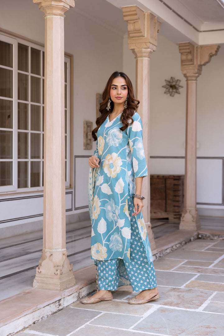 Nehamta Women's Sky Blue Cotton Kurta with Pant & Dupatta