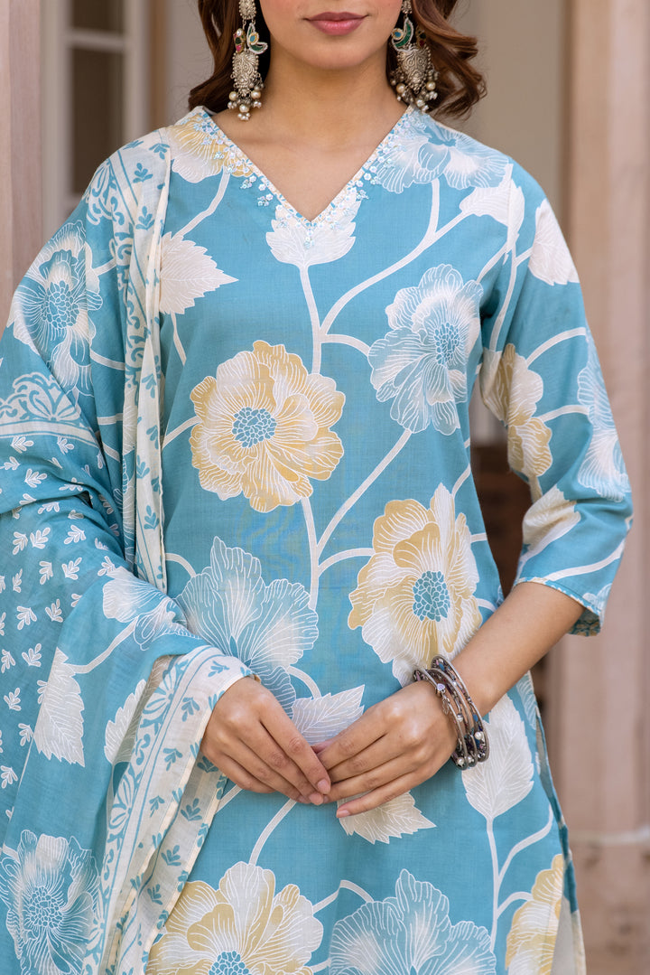 Nehamta Women's Sky Blue Cotton Kurta with Pant & Dupatta