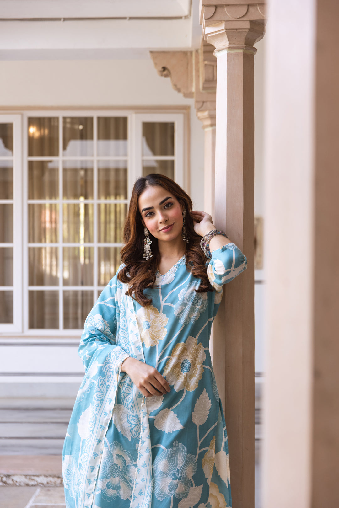 Nehamta Women's Sky Blue Cotton Kurta with Pant & Dupatta