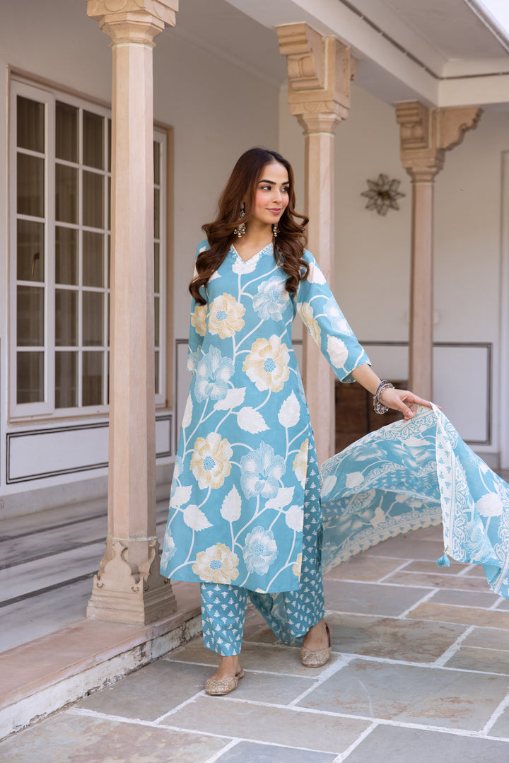 Nehamta Women's Sky Blue Cotton Kurta with Pant & Dupatta