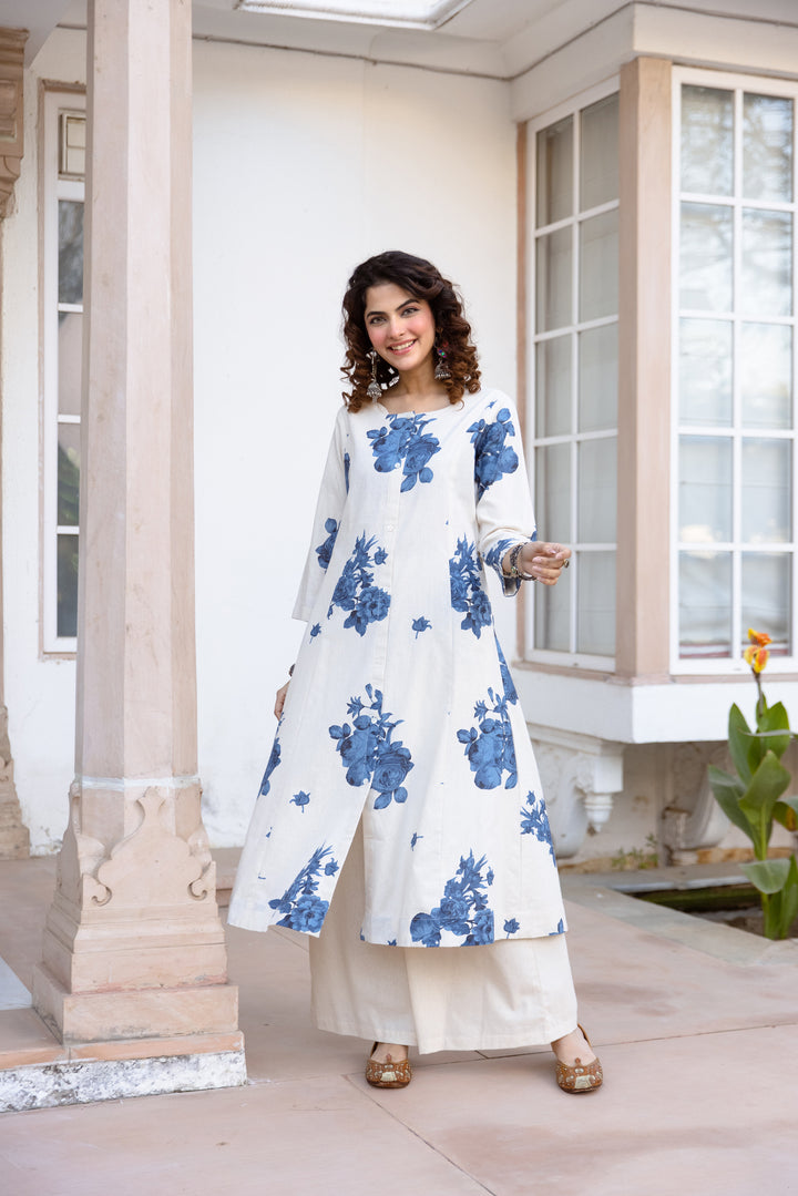 Nehamta Women's White Cotton Blend Kurta & Palazzo Set