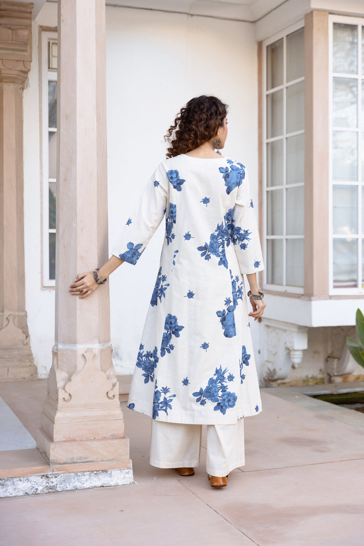 Nehamta Women's White Cotton Blend Kurta & Palazzo Set