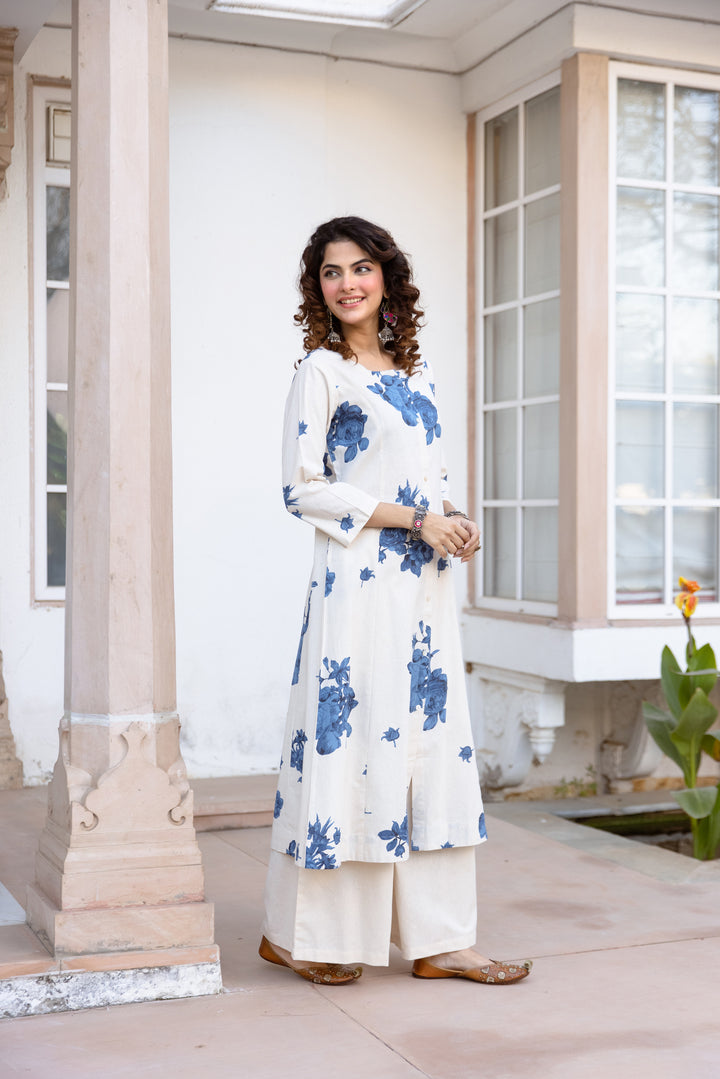 Nehamta Women's White Cotton Blend Kurta & Palazzo Set