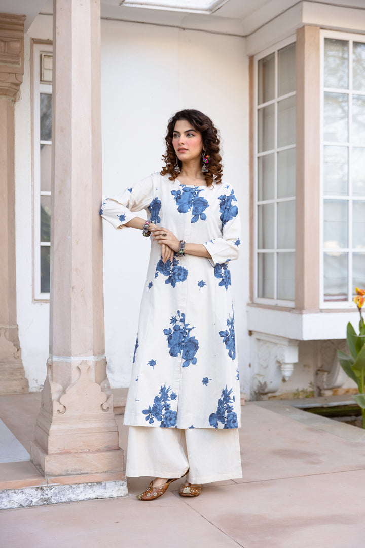 Nehamta Women's White Cotton Blend Kurta & Palazzo Set