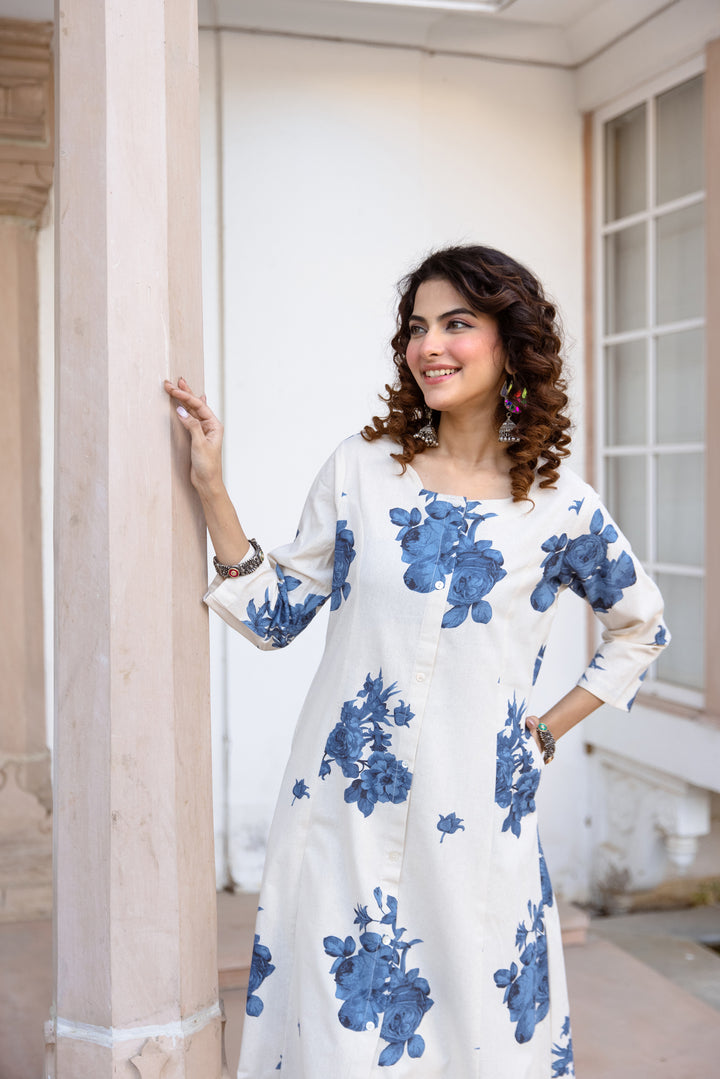 Nehamta Women's White Cotton Blend Kurta & Palazzo Set