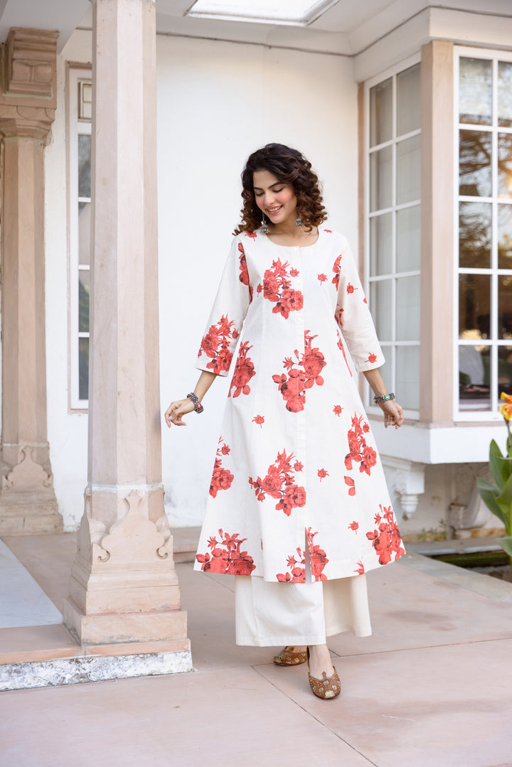 Nehamta Women's White Cotton Blend Kurta & Palazzo Set