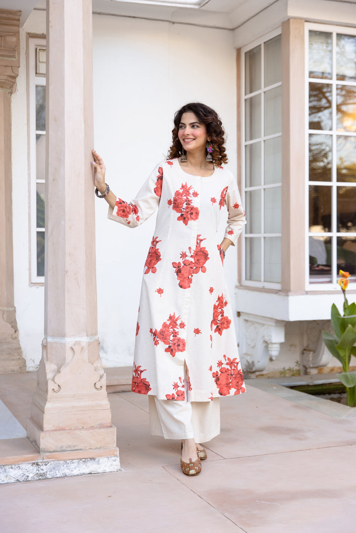 Nehamta Women's White Cotton Blend Kurta & Palazzo Set