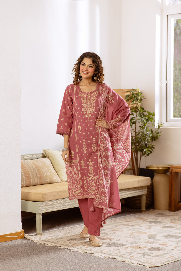 Nehamta Women's Rose Pink Cotton Kurta with Pant & Dupatta