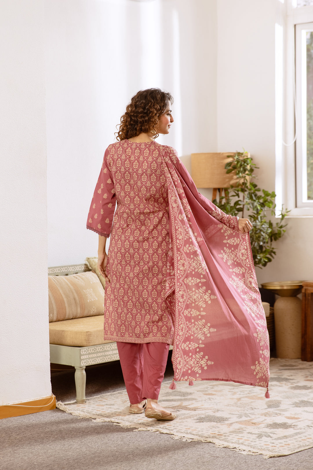 Nehamta Women's Rose Pink Cotton Kurta with Pant & Dupatta