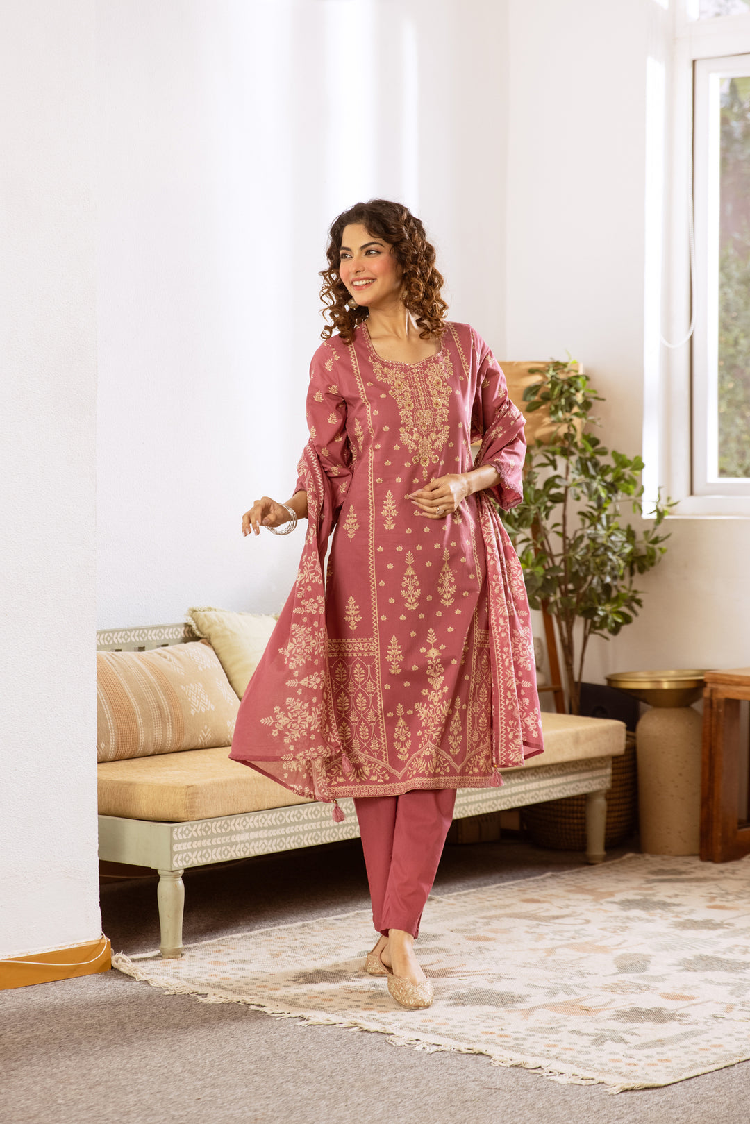 Nehamta Women's Rose Pink Cotton Kurta with Pant & Dupatta