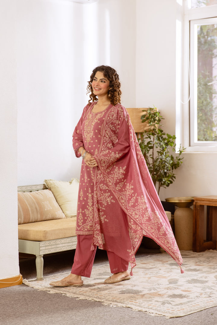 Nehamta Women's Rose Pink Cotton Kurta with Pant & Dupatta