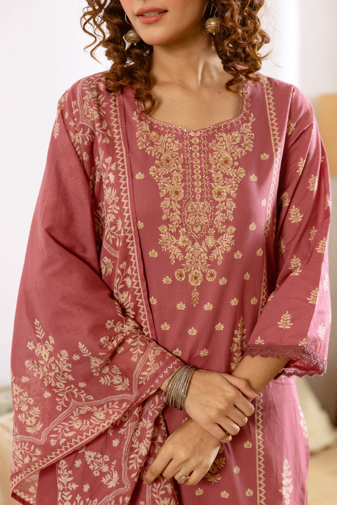 Nehamta Women's Rose Pink Cotton Kurta with Pant & Dupatta