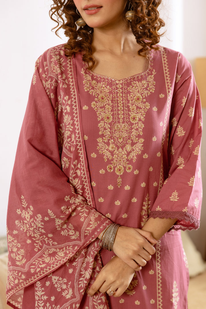 Nehamta Women's Rose Pink Cotton Kurta with Pant & Dupatta