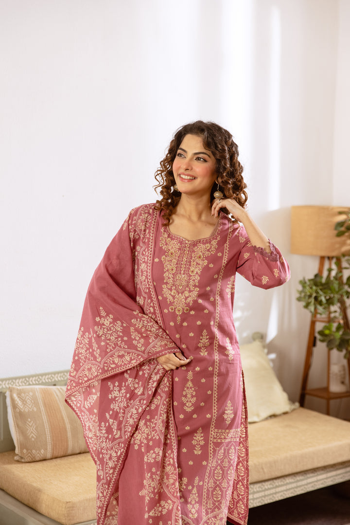 Nehamta Women's Rose Pink Cotton Kurta with Pant & Dupatta