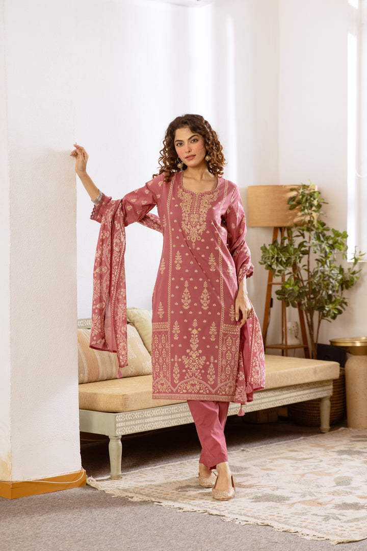 Nehamta Women's Rose Pink Cotton Kurta with Pant & Dupatta