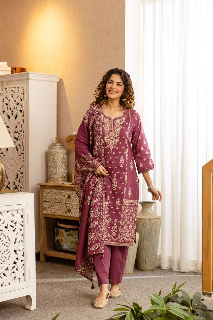 Nehamta Women's Rose Pink Cotton Kurta with Pant & Dupatta