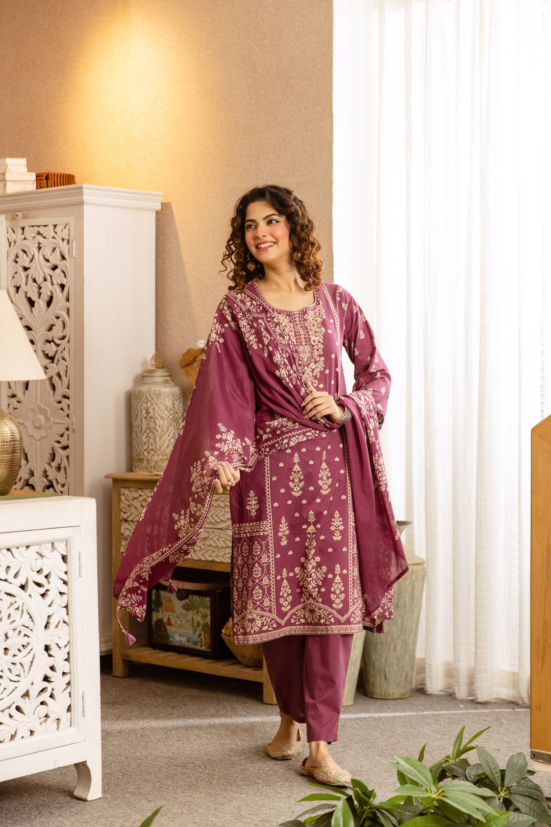 Nehamta Women's Rose Pink Cotton Kurta with Pant & Dupatta