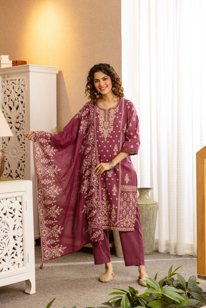 Nehamta Women's Rose Pink Cotton Kurta with Pant & Dupatta