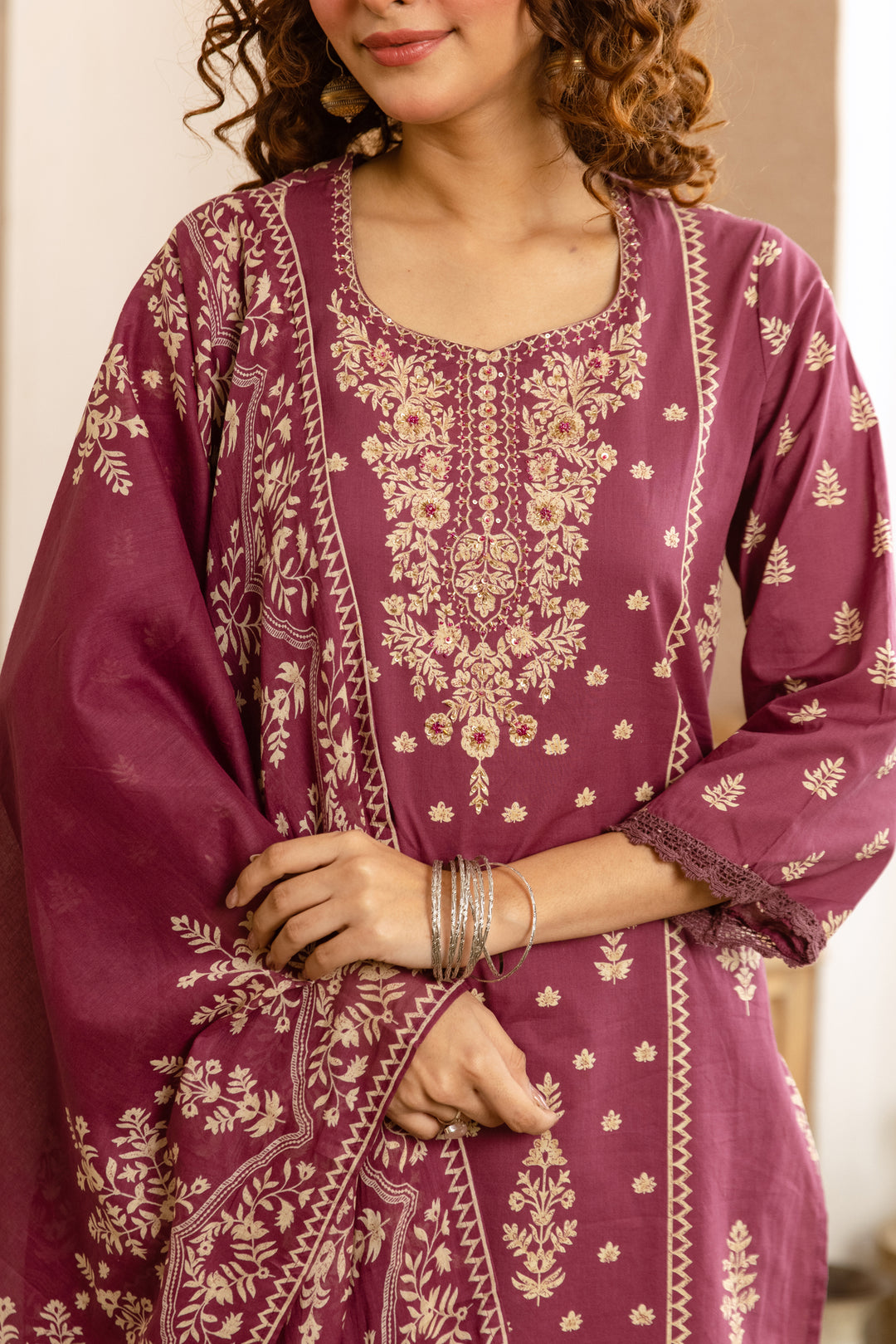 Nehamta Women's Rose Pink Cotton Kurta with Pant & Dupatta