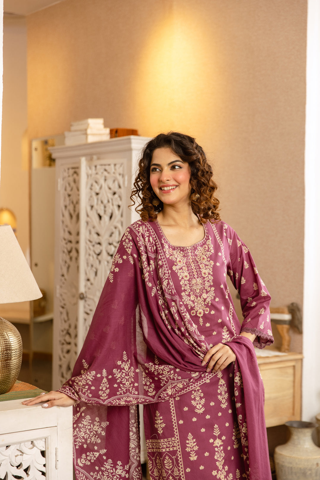 Nehamta Women's Rose Pink Cotton Kurta with Pant & Dupatta