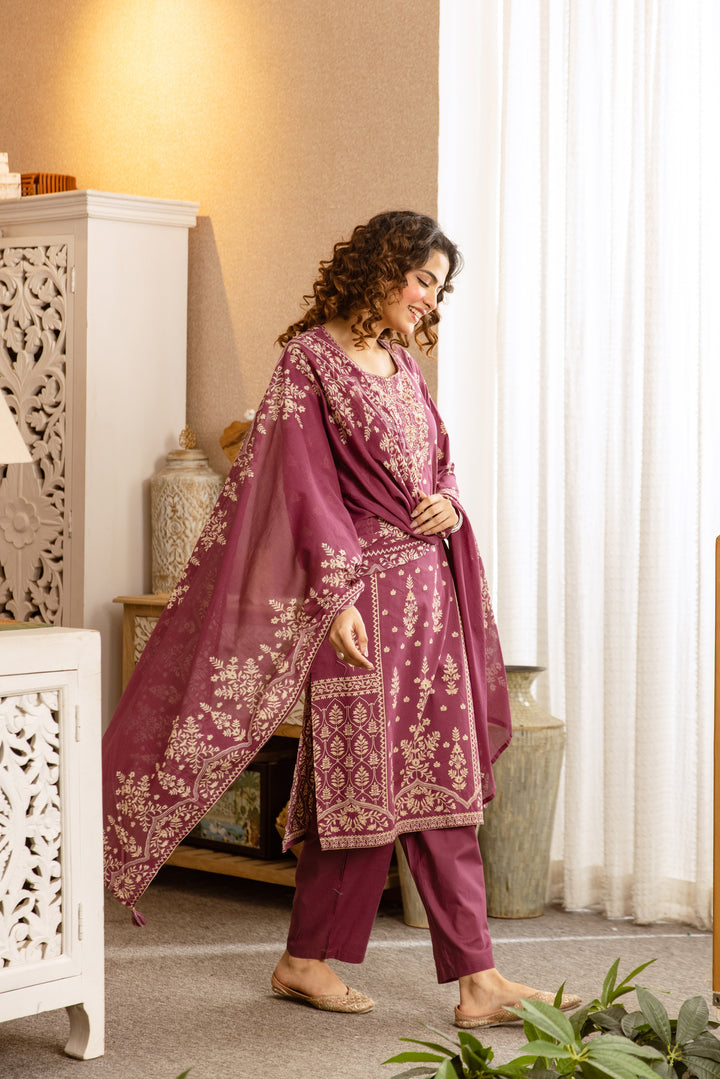 Nehamta Women's Rose Pink Cotton Kurta with Pant & Dupatta