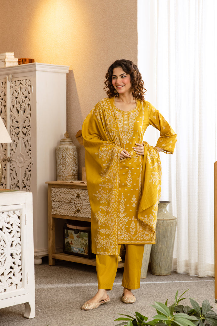 Nehamta Women's Yellow Cotton Kurta with Pant & Dupatta