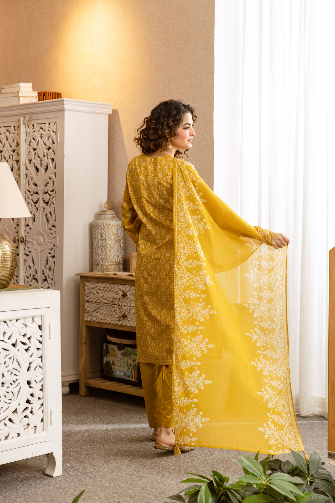 Nehamta Women's Yellow Cotton Kurta with Pant & Dupatta