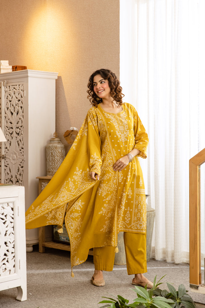 Nehamta Women's Yellow Cotton Kurta with Pant & Dupatta