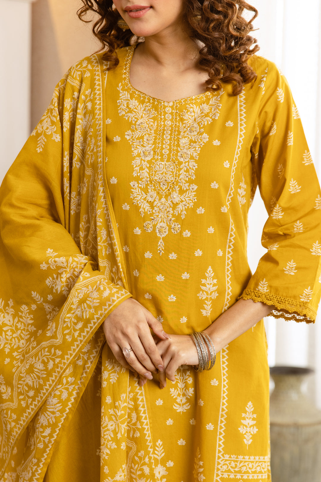Nehamta Women's Yellow Cotton Kurta with Pant & Dupatta
