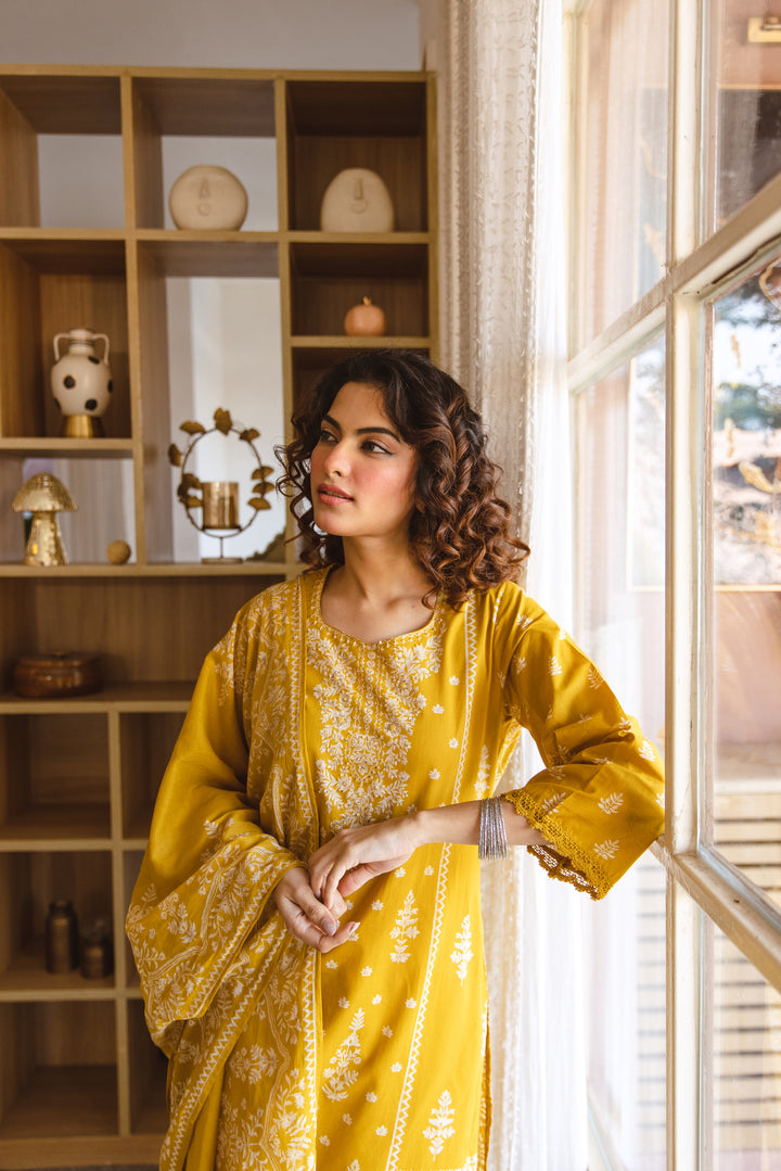 Nehamta Women's Yellow Cotton Kurta with Pant & Dupatta