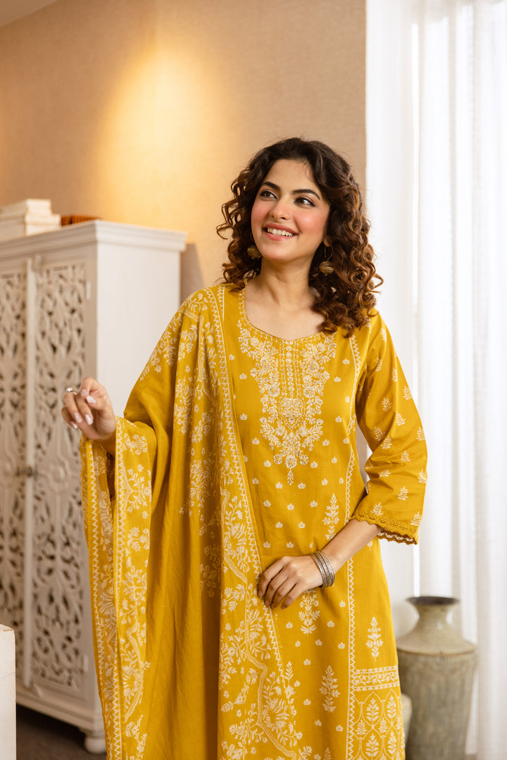 Nehamta Women's Yellow Cotton Kurta with Pant & Dupatta