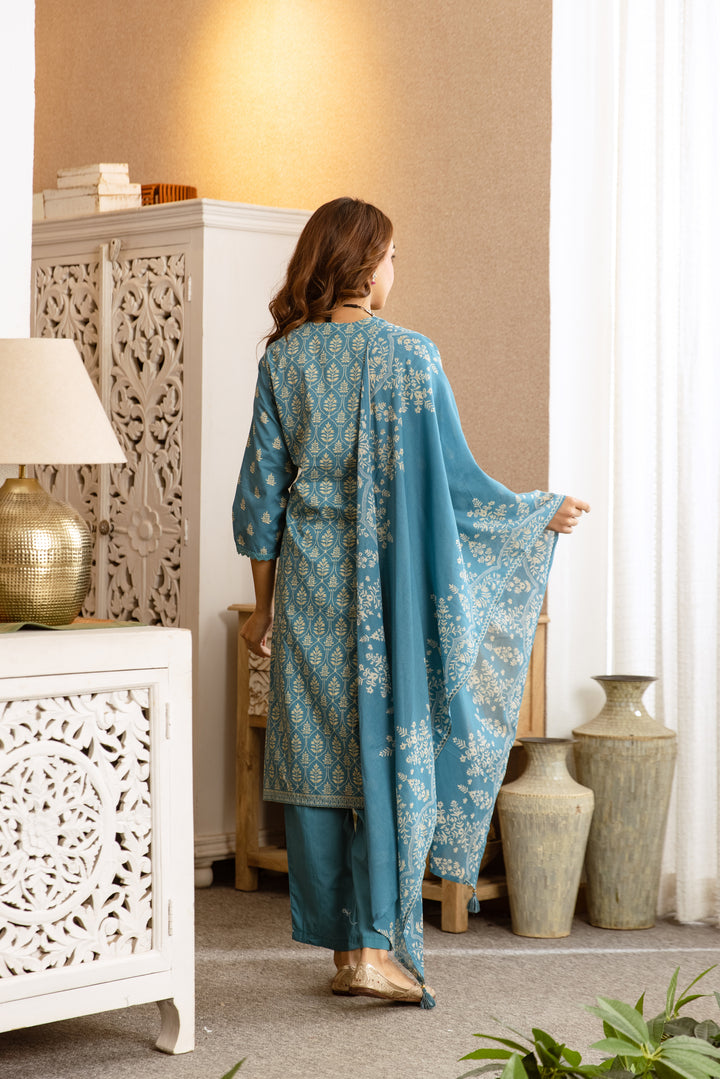 Nehamta Women's Teal Blue Cotton Kurta with Pant & Dupatta