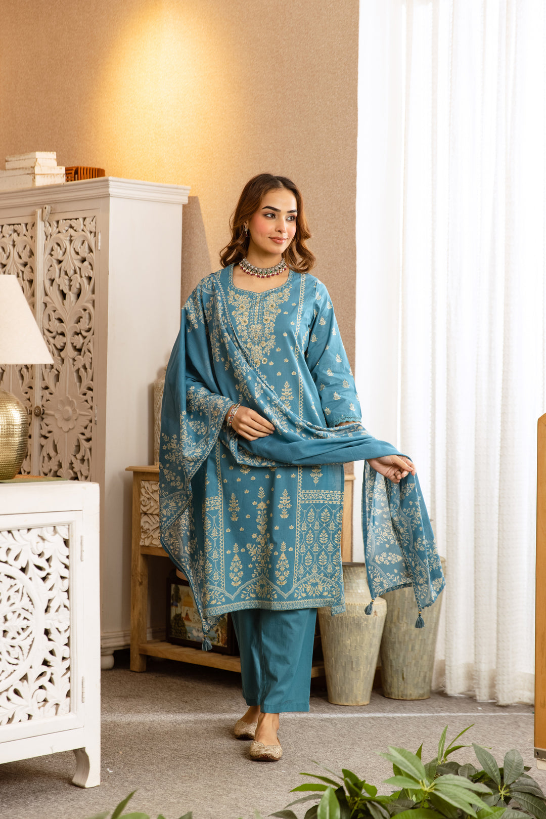 Nehamta Women's Teal Blue Cotton Kurta with Pant & Dupatta