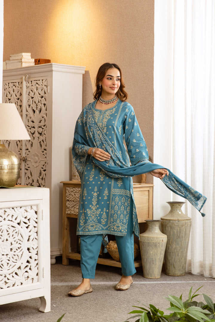 Nehamta Women's Teal Blue Cotton Kurta with Pant & Dupatta