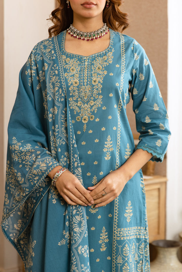 Nehamta Women's Teal Blue Cotton Kurta with Pant & Dupatta