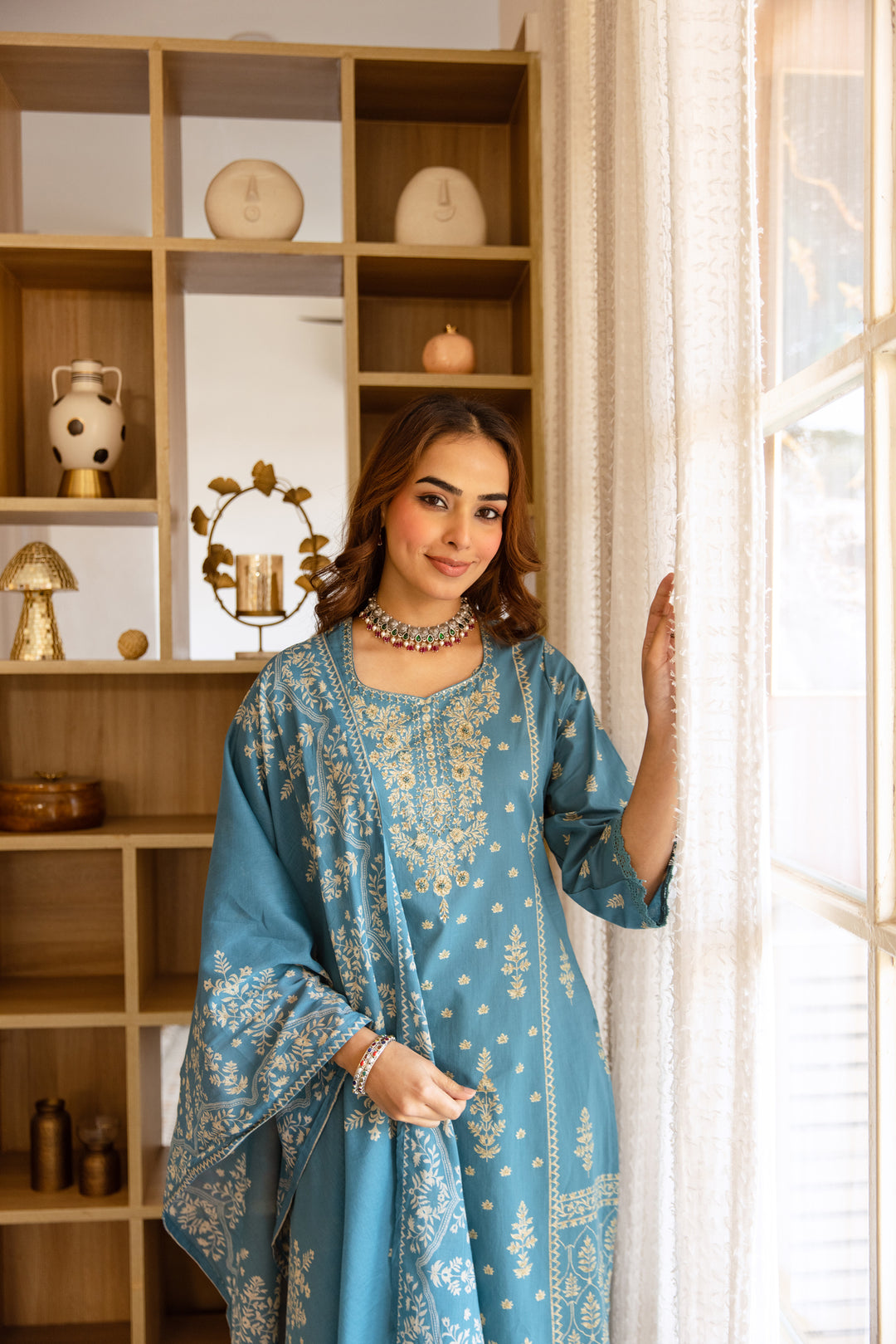 Nehamta Women's Teal Blue Cotton Kurta with Pant & Dupatta